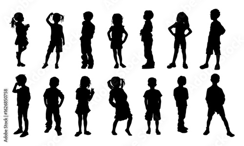 Multiple children silhouettes in playful, standing, walking, and waving poses vector illustration. Ideal for kid-themed websites, educational projects, youth action, family design