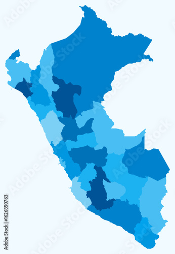Map of Peru with regions. Just a simple country border map with region division. Light blue color palette. Blank Peru shape with administrative division. Vector illustration.