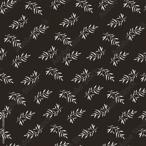 seamless pattern with plant branches with leaves scattered on dark canvas