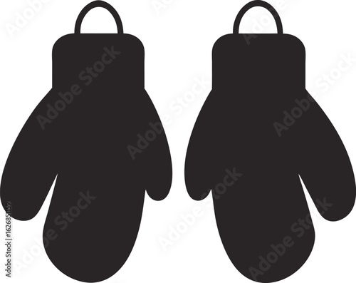 Pair of black winter mittens silhouette isolated on white background