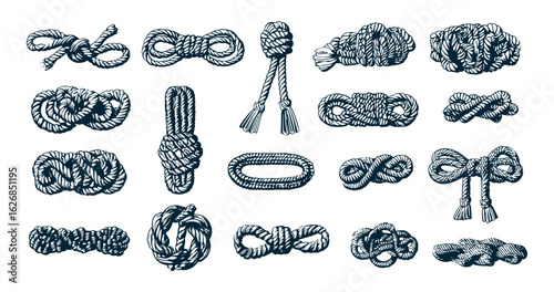 Decorative knot vector illustrations showing rope, cord, tie, and various maritime knots. Includes braiding, hitch, noose, lashing, nautical patterns ideal for sailing, camping, fishing