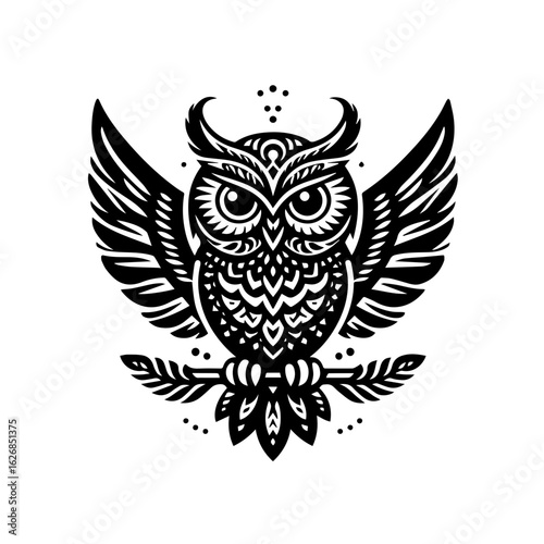 Detailed owl with spread wings perched on a branch isolated on white background