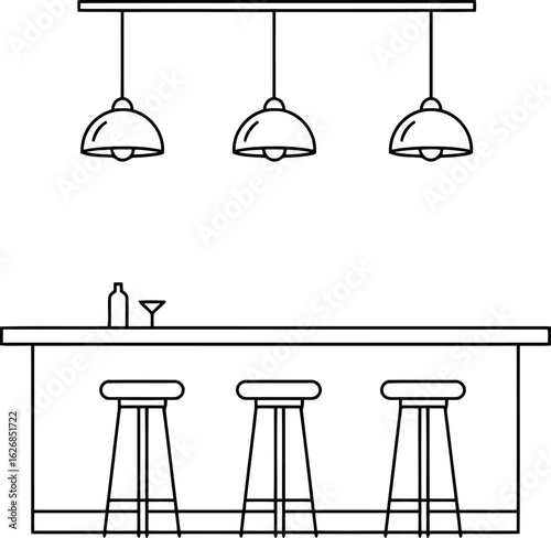 Bar counter with stools and pendant lights line art