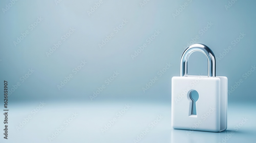Fototapeta premium White padlock with shiny metal shackle on soft blurred background