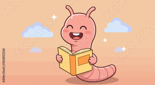 Cartoon Worm Reading a Book with a Happy Expression.
