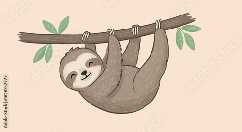 Cute Cartoon Sloth Hanging on a Branch with Leaves.