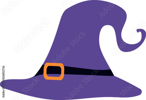 Purple witch hat with buckle Halloween icon. Party magic costume element flat vector illustration
