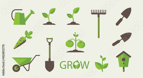 Vector illustration of gardening tools and plants for cultivation and organic vegetable growing