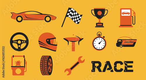 Vector illustration of racing icons set with car, flag, trophy, helmet and other equipment