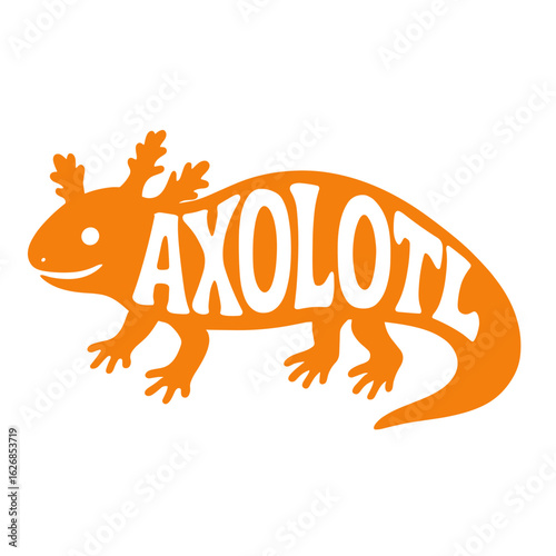 Orange axolotl silhouette logo with stylized text overlay  