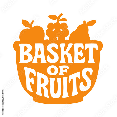 Orange basket filled with assorted fruits and decorative text  