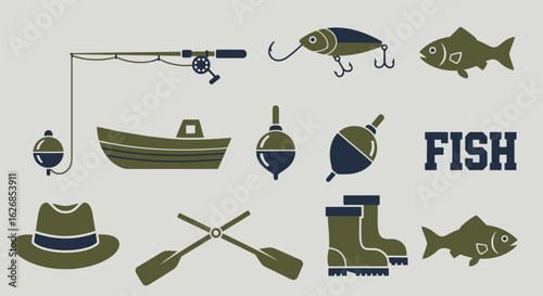 Vector illustration of fishing equipment and accessories for recreational angling and outdoor sport