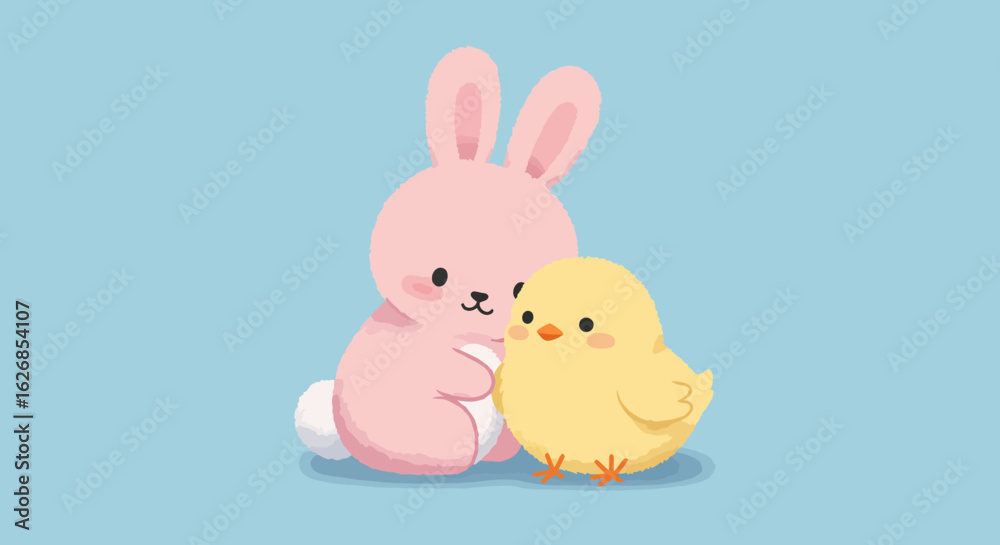 Fototapeta premium Cute Pink Bunny and Yellow Chick Illustration for Easter.