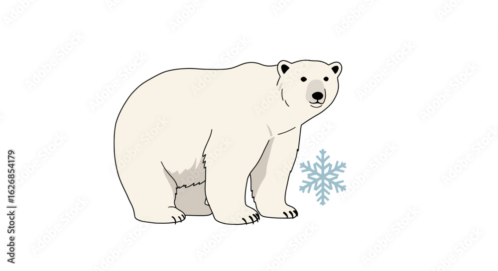 Fototapeta premium Cartoon Polar Bear with Snowflake Illustration on White Background.