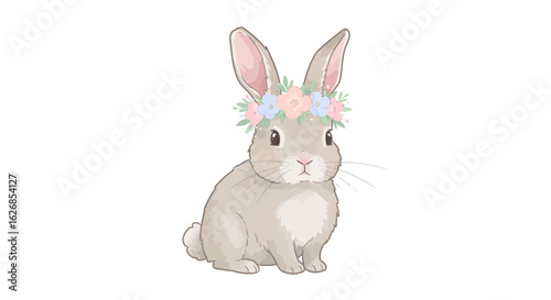 Adorable Bunny with Floral Crown Illustration.