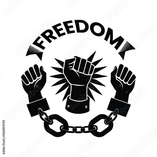 A pair of hands chained to a chain with the text words freedom vector silhouette 