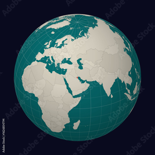 Kuwait on the map. Globe centered to Kuwait. Country location on the world map. Teal Pale Mint color palette. Globe with countries, meridians and parallels. Classic vector illustration.