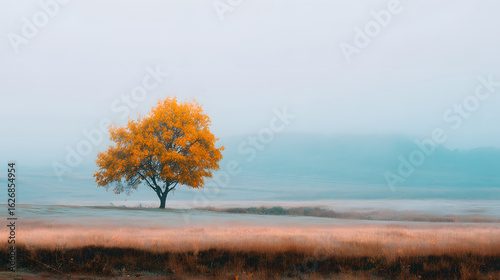 A foggy morning in a field with a lone tree covered in golden leaves, shot in pastel tones for a dreamy effect

