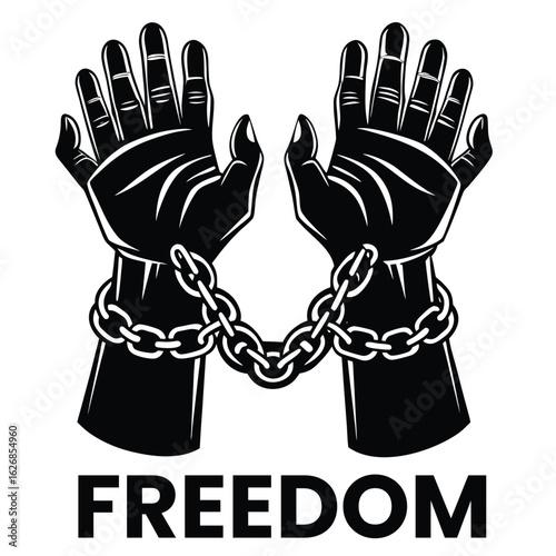 A pair of hands chained to a chain with the text words freedom vector silhouette 