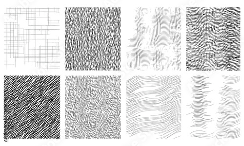 Set of abstract line patterns featuring diagonal, vertical, and zigzag hatch shapes, vintage grunge backgrounds, grid and canvas textures, marker and pen drawings