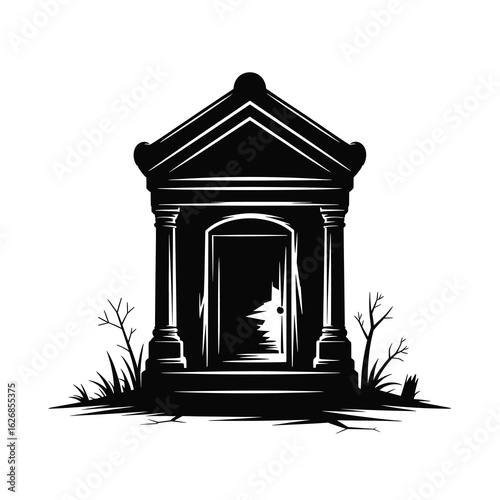 Black Silhouette Mausoleum Entrance With Dry Branches