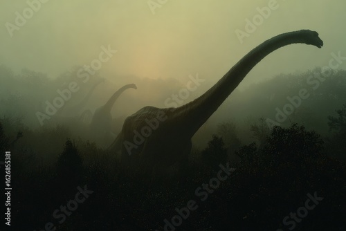 Sauropod Dinosaurs Emerging from Dense Fog, Prehistoric Landscape, Overcast Day, Pale Green Tones, Mysterious Atmosphere, Paleoart