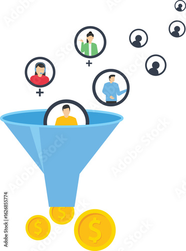 Lead generation gaining customers to convert to sales, marketing funnel conversion rate, advertising analysis concept, hand holding marketing funnel to pull potential customers and convert to sales. s