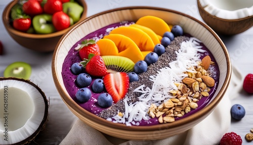 a vibrant acai bowl topped with fresh fruits granola and coconut flakes symbolizing a healthy and refreshing meal
