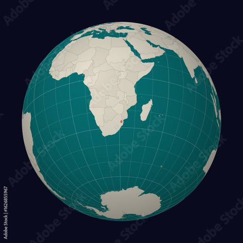 ESwatini on the map. Globe centered to eSwatini. Country location on the world map. Teal Pale Mint color palette. Globe with countries, meridians and parallels. Vibrant vector illustration.