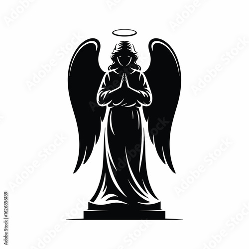 Black silhouette of an angel with wings and halo praying