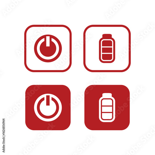 Four icons depicting power and battery status in red and white, arranged in a square.