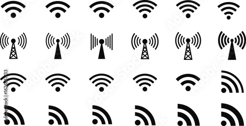 Cad drawing flat vector illustration of wireless communication icons set, Wi-Fi signals, RSS feed symbols, radio towers, grid layout design
