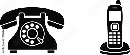 Telephone icon set, vintage rotary and modern cordless phones, vector illustration of communication devices, CAD line art design elements