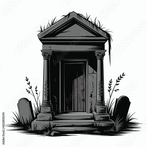 Gray Tone Mausoleum With Tombstones and Overgrown Grass
