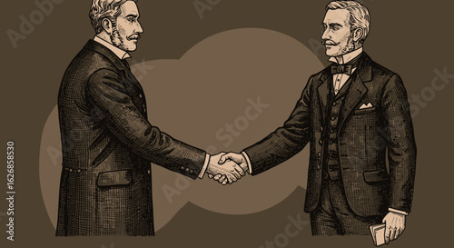 Antique Illustration of Two Men in Suits Shaking Hands in Agreement.