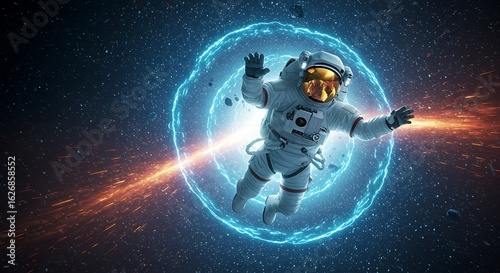 Astronaut floating through cosmic portal space galaxy