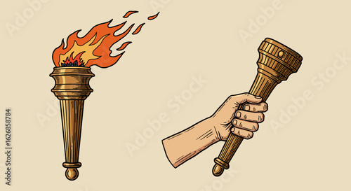 Illustration of a Golden Torch with Flames and Hand Holding Torch.