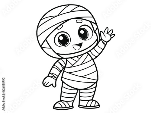 Coloring page, Cartoon mummy character waving with a friendly expression