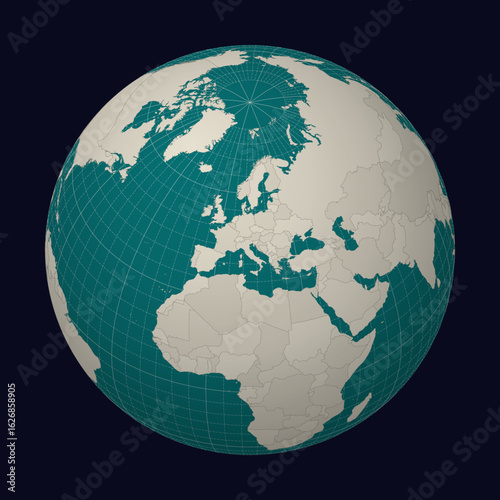 San Marino on the map. Globe centered to San Marino. Country location on the world map. Teal Pale Mint color palette. Globe with countries, meridians and parallels. Neat vector illustration.