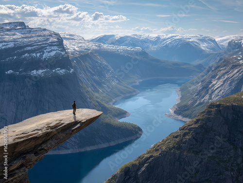 Trolltunga rock with hiker overlooking valley