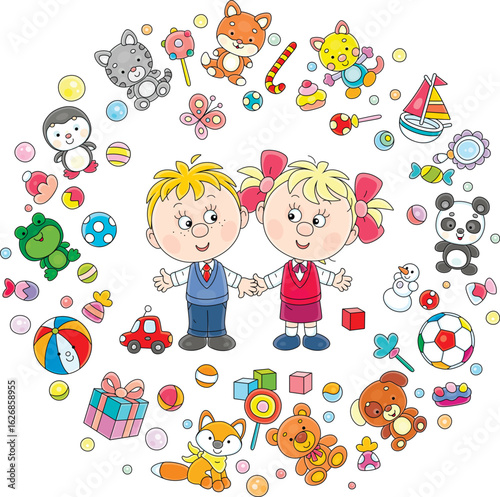 Happy little boy and girl surrounded by their funny colorful toys for games at kindergarten and home, vector cartoon illustration on a white background