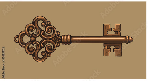 Ornate Bronze Skeleton Key with Intricate Design.