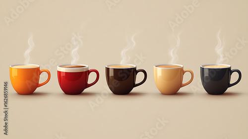 Five Colorful Cups of Steaming Coffee or Tea - Perfect for Breakfast or a Cozy Morning