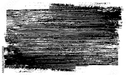 Horizontal linocut relief printing with rough uneven edges. Black and white textured lino ink backgrounds. Paint roller stains set, artistic vintage print surface with grunge overlay and textured