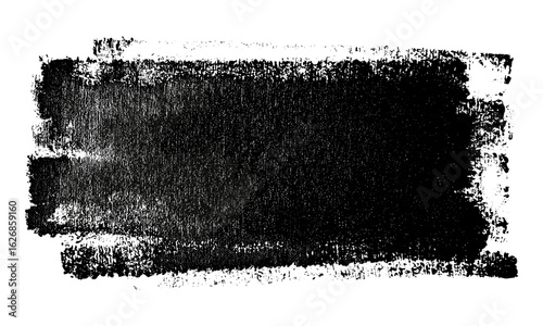 Textured black and white relief printing rectangle with rough edges. Linocut artistic backgrounds with paint roller stains and wide lino ink remains. Vintage grunge overlay, textured print design