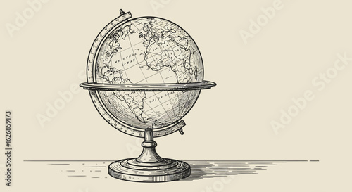 Detailed Engraving of a Vintage World Globe on Stand.