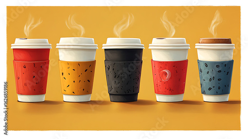 Five Colorful Coffee Cups with Steam, Illustration