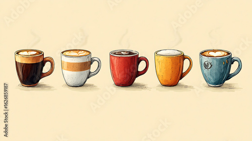Five Types of Coffee in Colorful Cups - Hand-Drawn Illustration