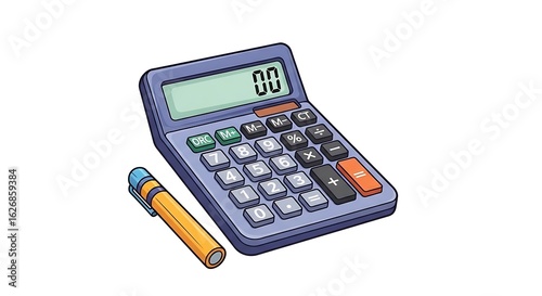 A cartoon illustration of a calculator with a yellow pen on a plain white background showing zero zero