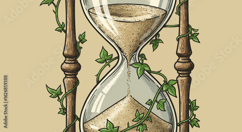 Vintage Hourglass with Sand and Green Vines Illustration.